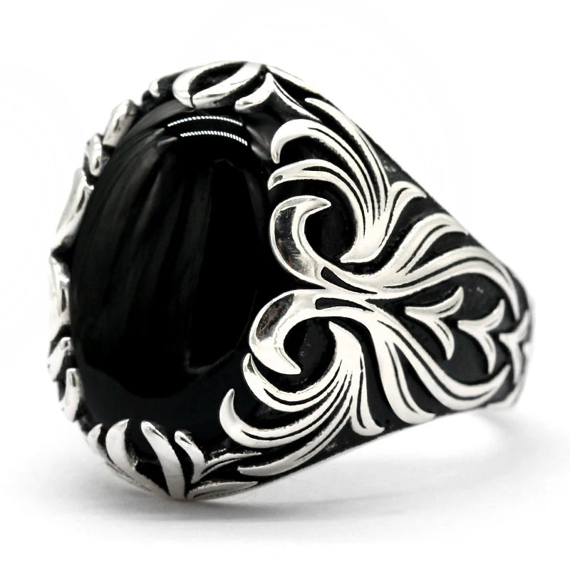 Turkish Agate Ring for Men 925 Sterling Silver Vintage Carved with Oval Big Natural Stone