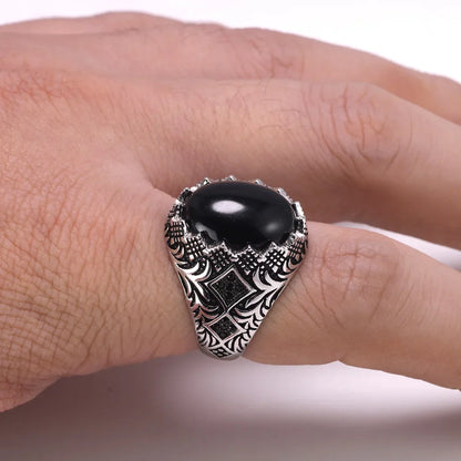 Men's 925 Sterling Silver Black Rings Retro Vintage Flowers Turkish