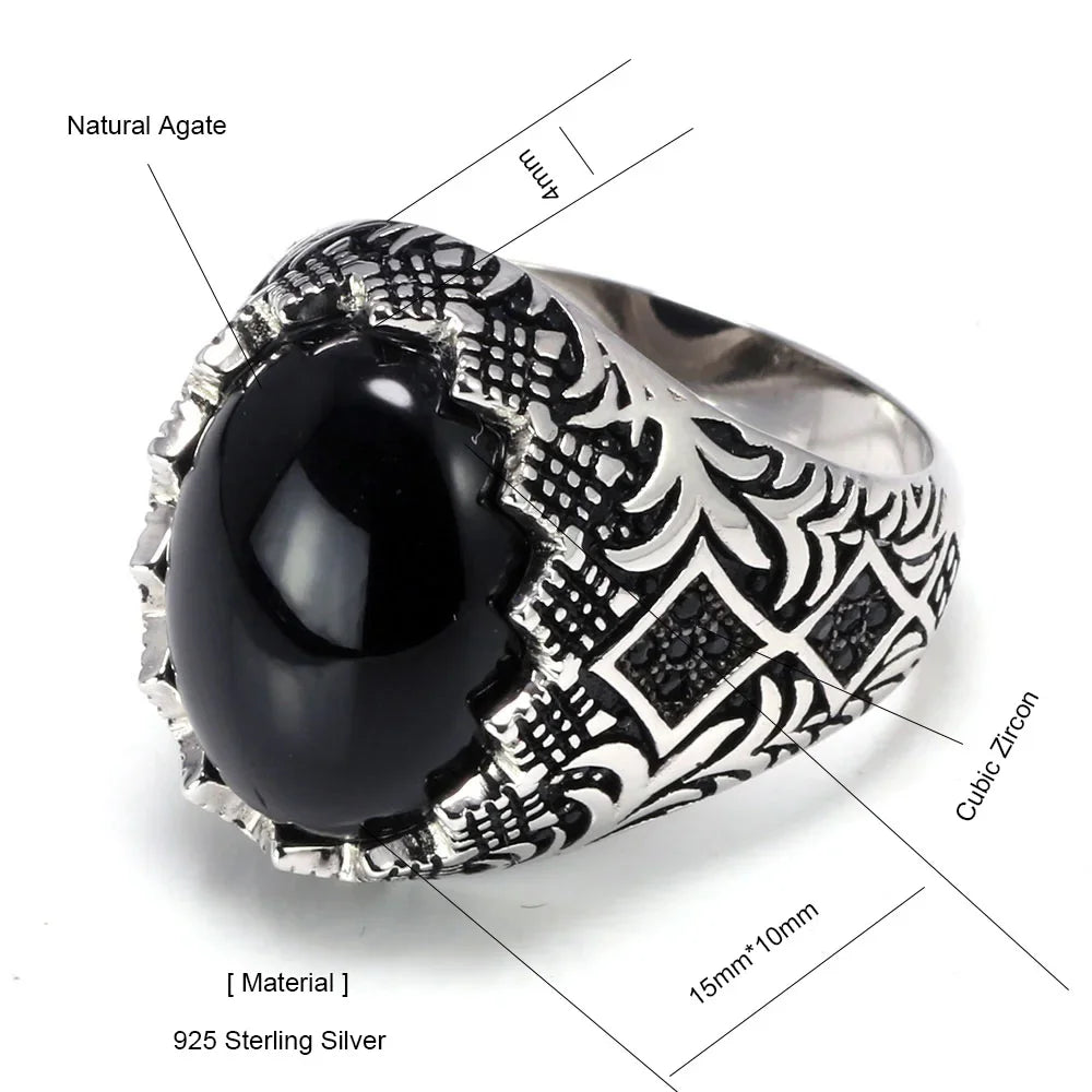 Men's 925 Sterling Silver Black Rings Retro Vintage Flowers Turkish