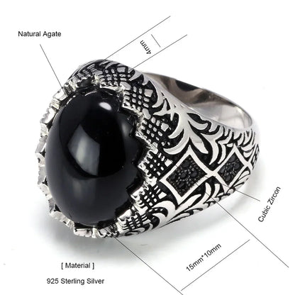 Men's 925 Sterling Silver Black Rings Retro Vintage Flowers Turkish