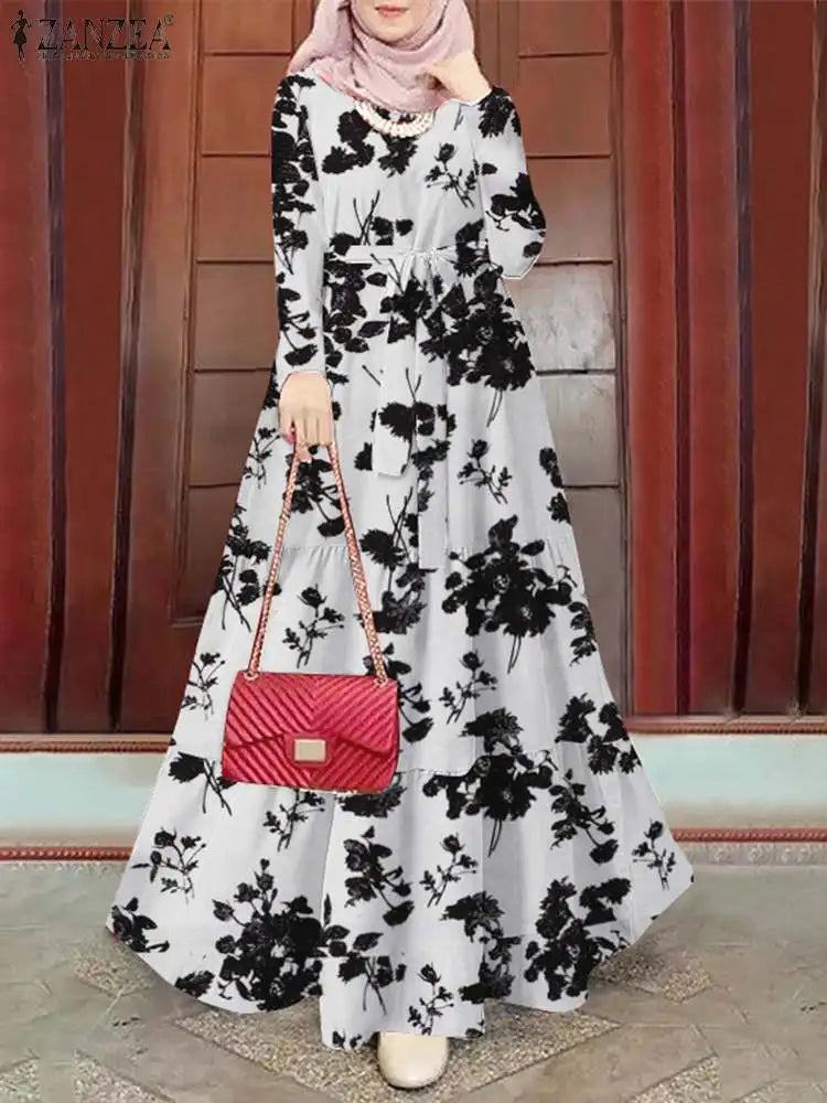 ZANZEA Spring Floral Printed Muslim Dress Long Sleeve Holiday Maxi Robe Kaftan Tunic Sundress